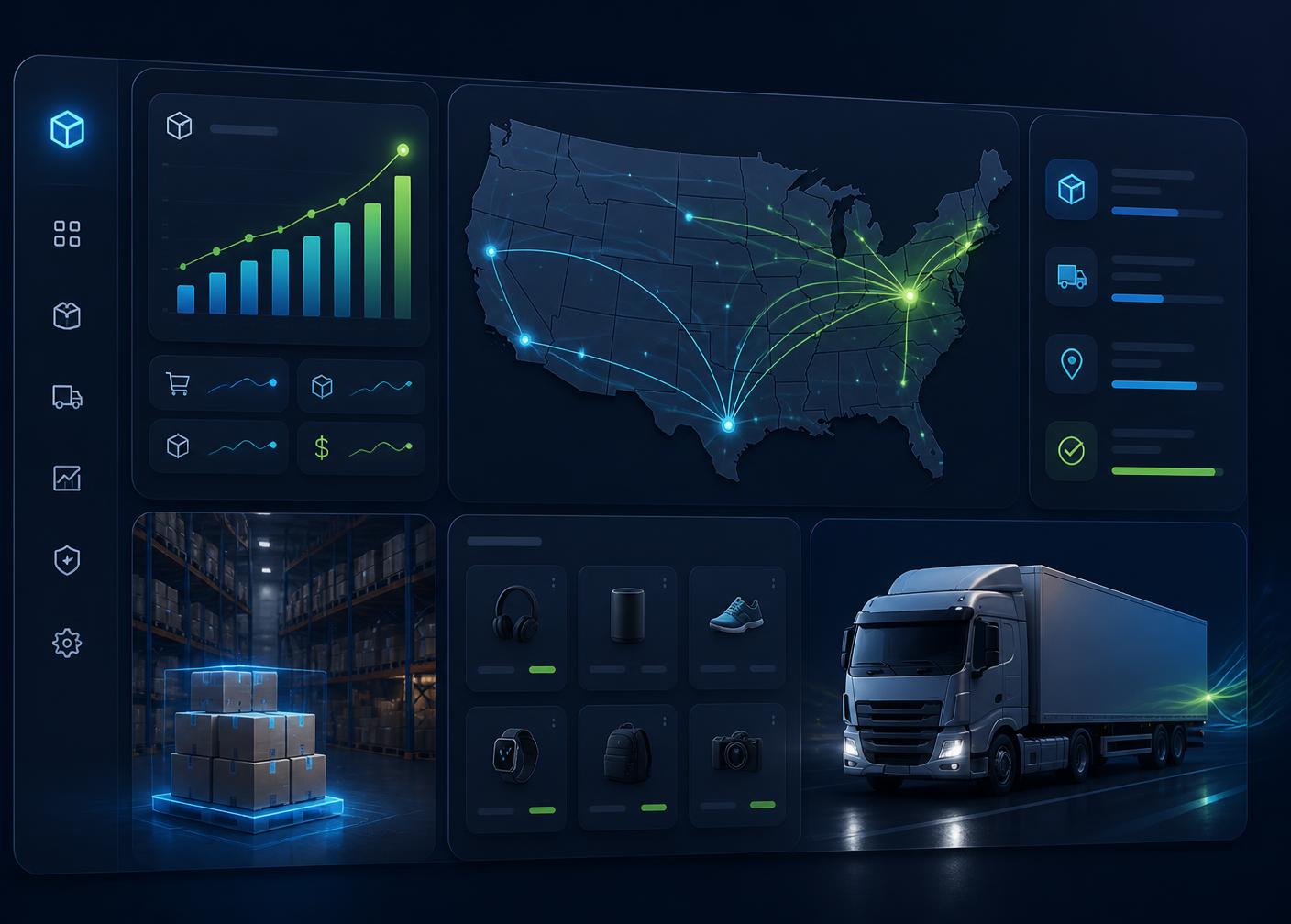 Zubair Store warehouse dashboard showing US shipping routes, live order analytics, and same-day fulfillment